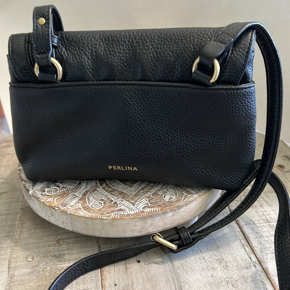 PERLINA CLAIR GENUINE PEBBLED SOFT BLACK LEATHER CROSSBODY BAG PURSE - Picture 4 of 15
